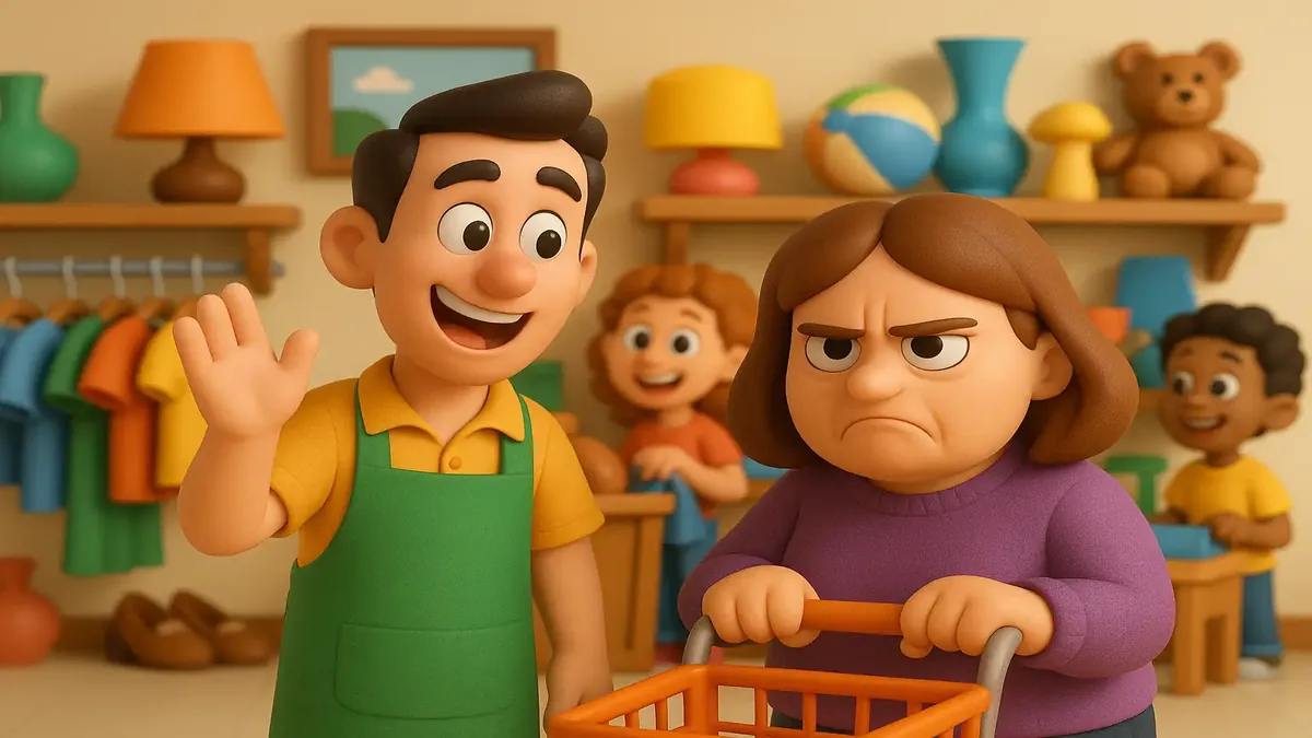 Cartoon-3D illustration of a woman representing suburban despair at a thrift store, embodying bizarre experiences.