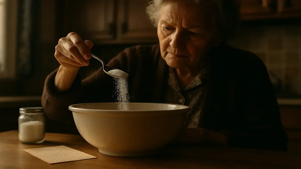Handwritten recipe card with salt and ingredients, capturing a nostalgic cooking moment at grandma's house.