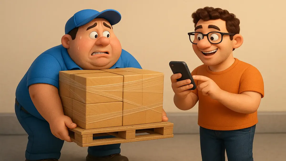 Cartoon-3D illustration of a delivery driver and a heavy pallet weighing 250 lbs in a parking garage setting.