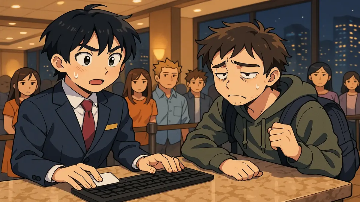 Tired travelers waiting in line at a Las Vegas hotel front desk illustrated in anime style.