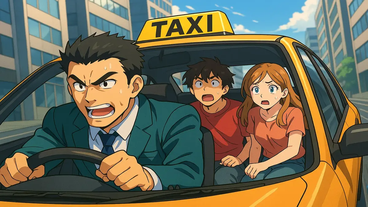Anime-style illustration of three friends in a taxi, capturing a lively ride to an adventure.