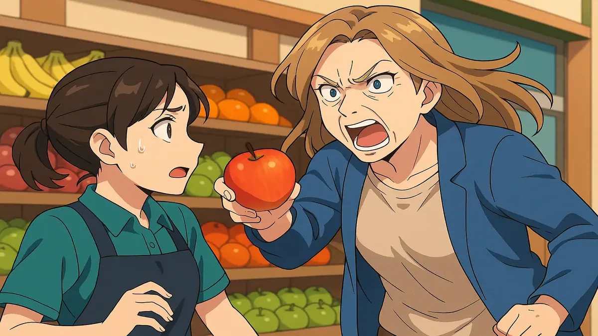 Anime illustration of a frustrated woman at a grocery store asking for a long-expired free fruit promo for kids.