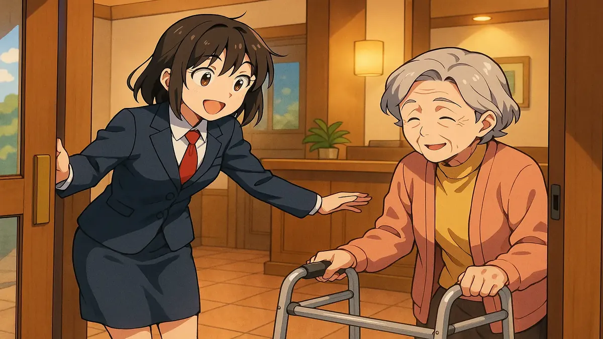 Anime-style illustration of a welcoming hotel lobby with an older lady using a walker exploring the space.
