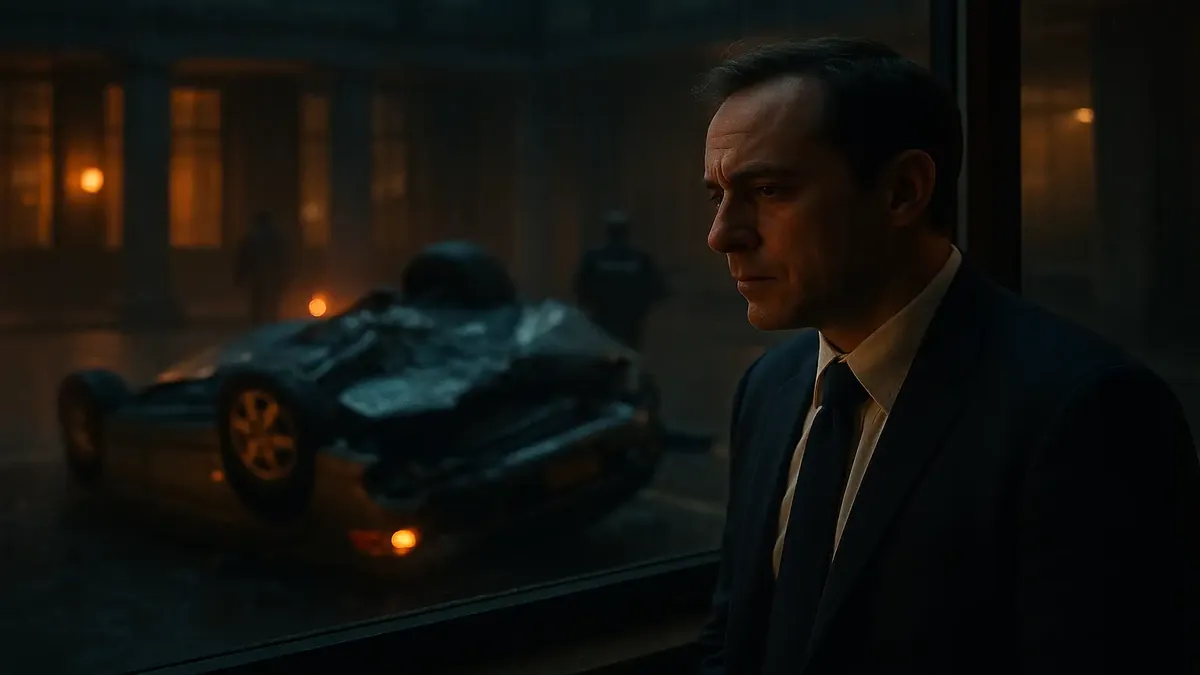 Front desk scene capturing the emotional aftermath of a tragic incident at a hotel, cinematic style.