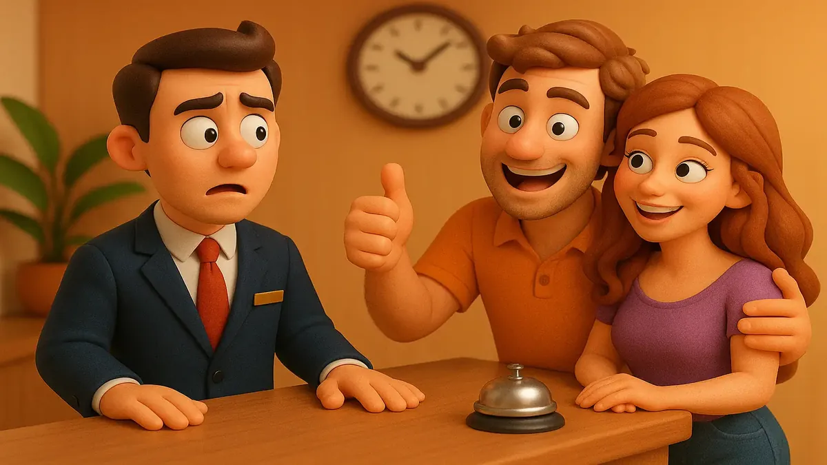 Cartoon-3D illustration of a luxury hotel front desk with a surprised receptionist and a playful customer inquiry.