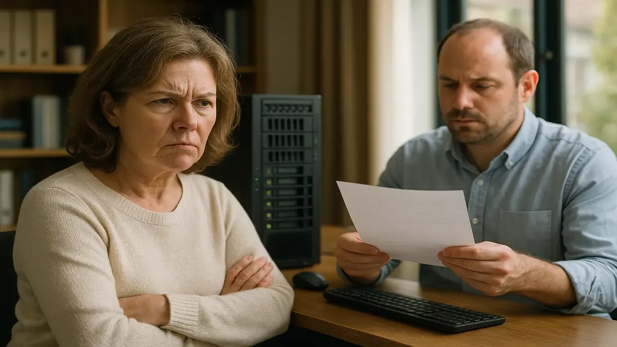 Businessman ignoring an invoice for IT services, illustrating frustration in tech client relationships.