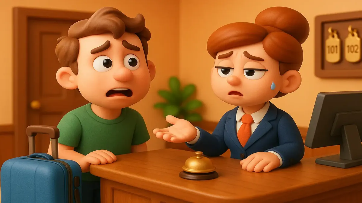 Cartoon-style 3D illustration of a front desk receptionist handling a guest's room request with humor.