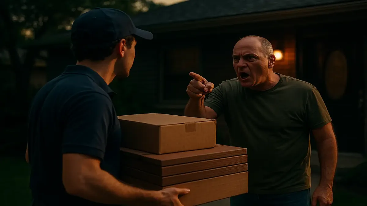 Courier delivering heavy outdoor decking materials to a customer’s home, highlighting delivery challenges.