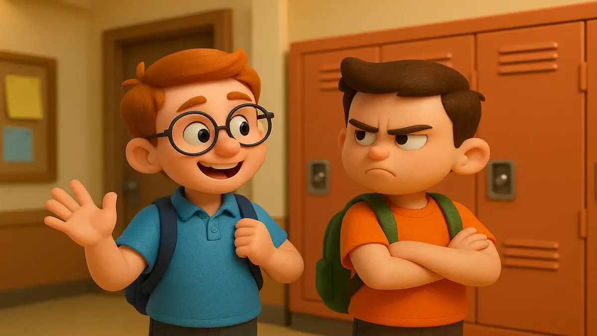 Cartoon-style illustration of a student confronting a school bully, symbolizing resilience and friendship.