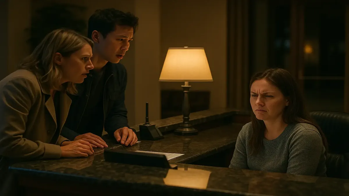 Desk employee assisting guests, showcasing the challenges of hospitality and service expectations.