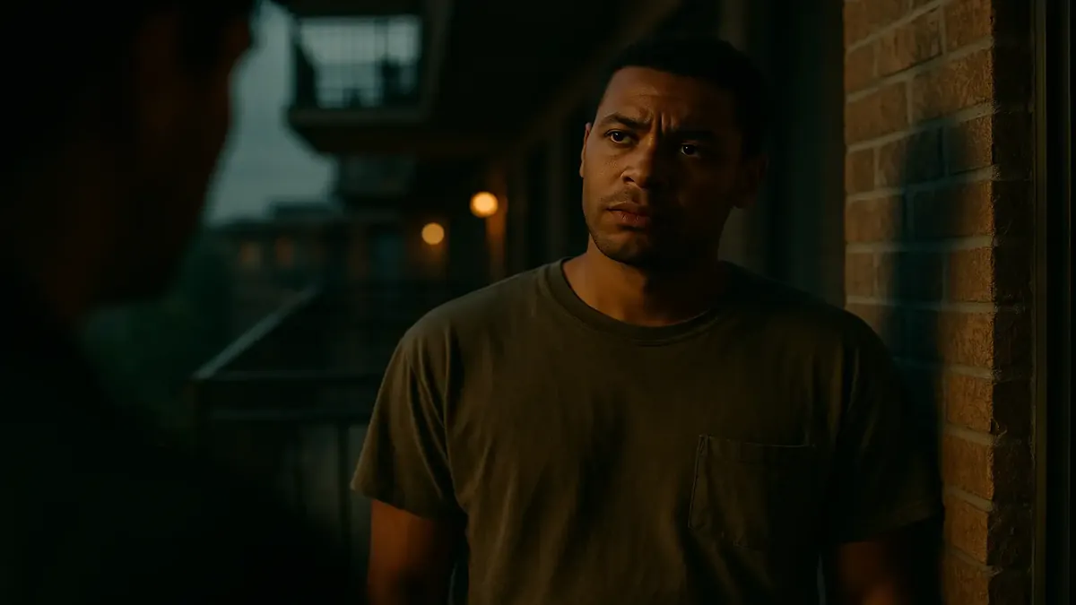 Cigarette butts on a balcony with a cinematic view of a multi-story apartment building.