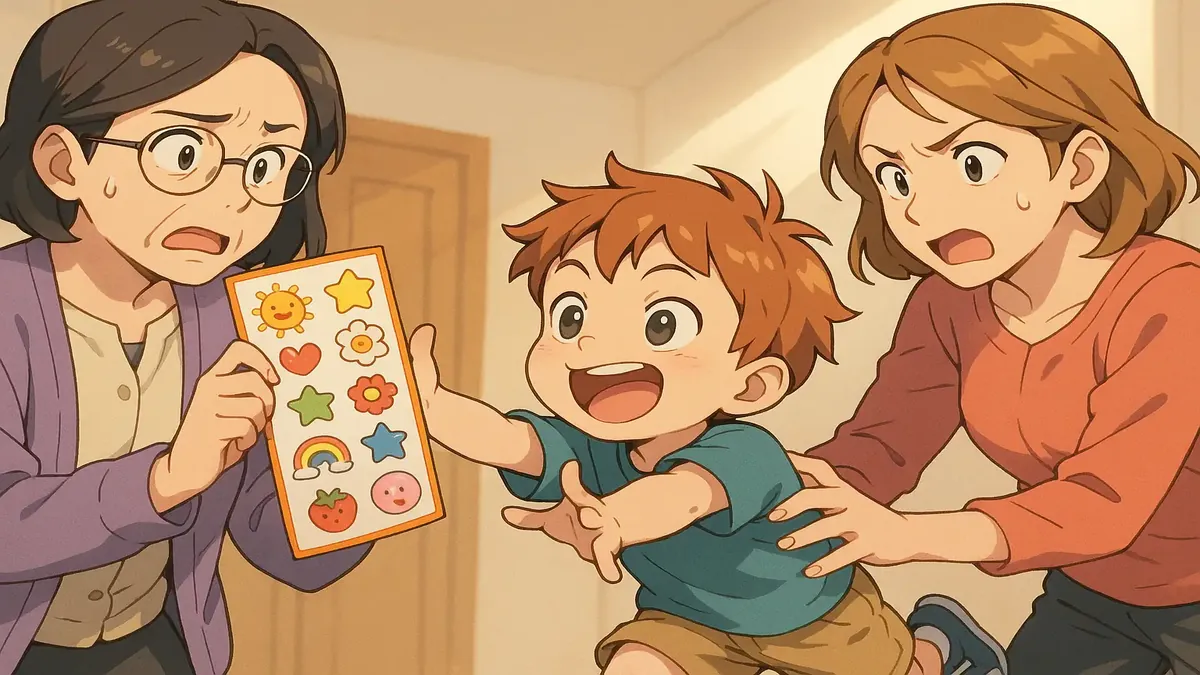 Anime-style illustration of a toddler cleverly negotiating for stickers from Sunday school teachers.