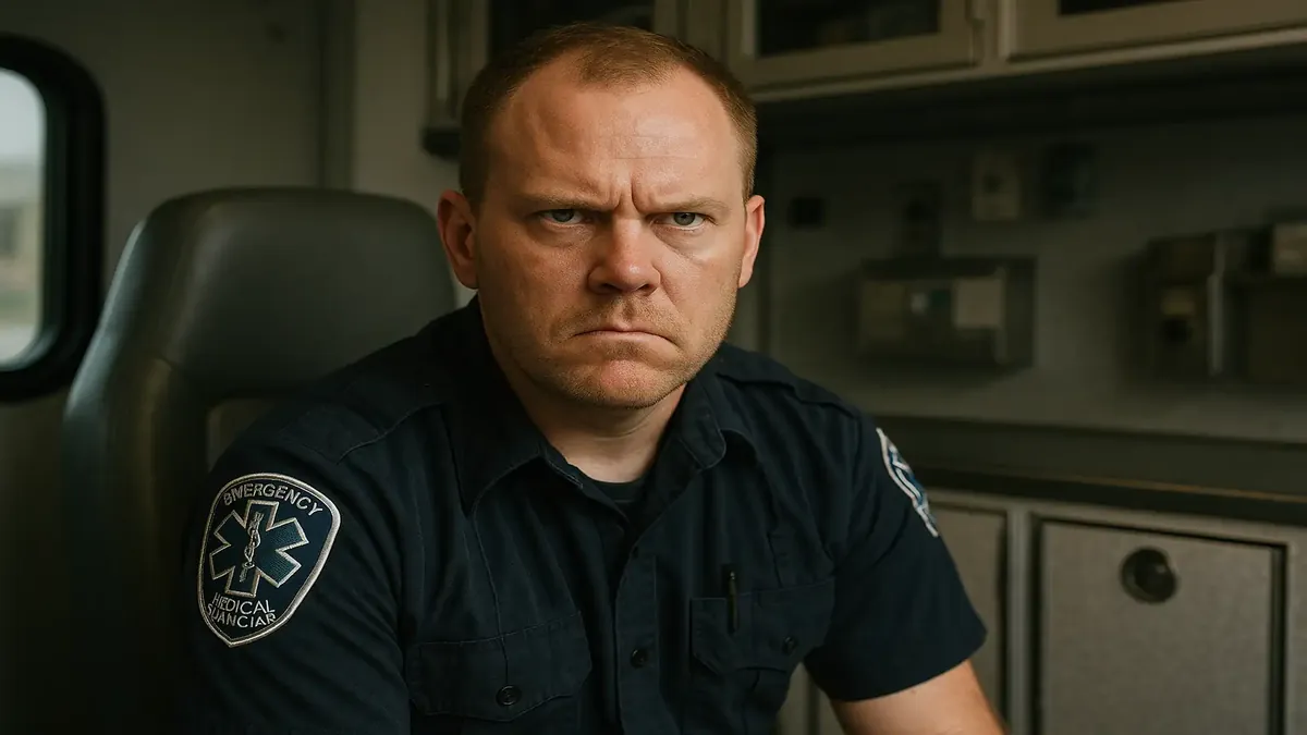 EMT facing a blank stare from a racist coworker, highlighting workplace discrimination in healthcare.