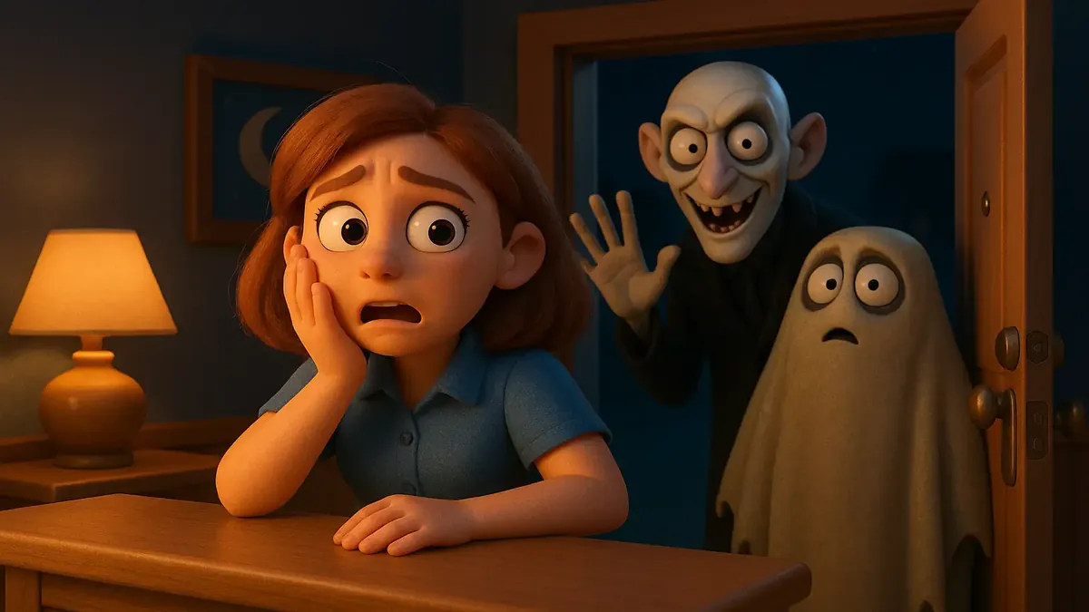 Cartoon 3D illustration of a night-time hotel lobby with quirky, spooky guests interacting with a lone employee.