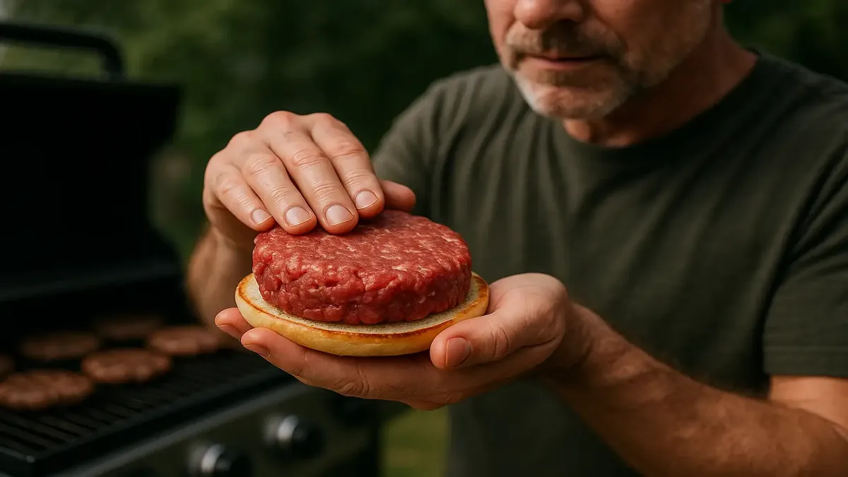 Close-up of a juicy raw burger patty on a grill, sizzling in preparation for a summer pool party.