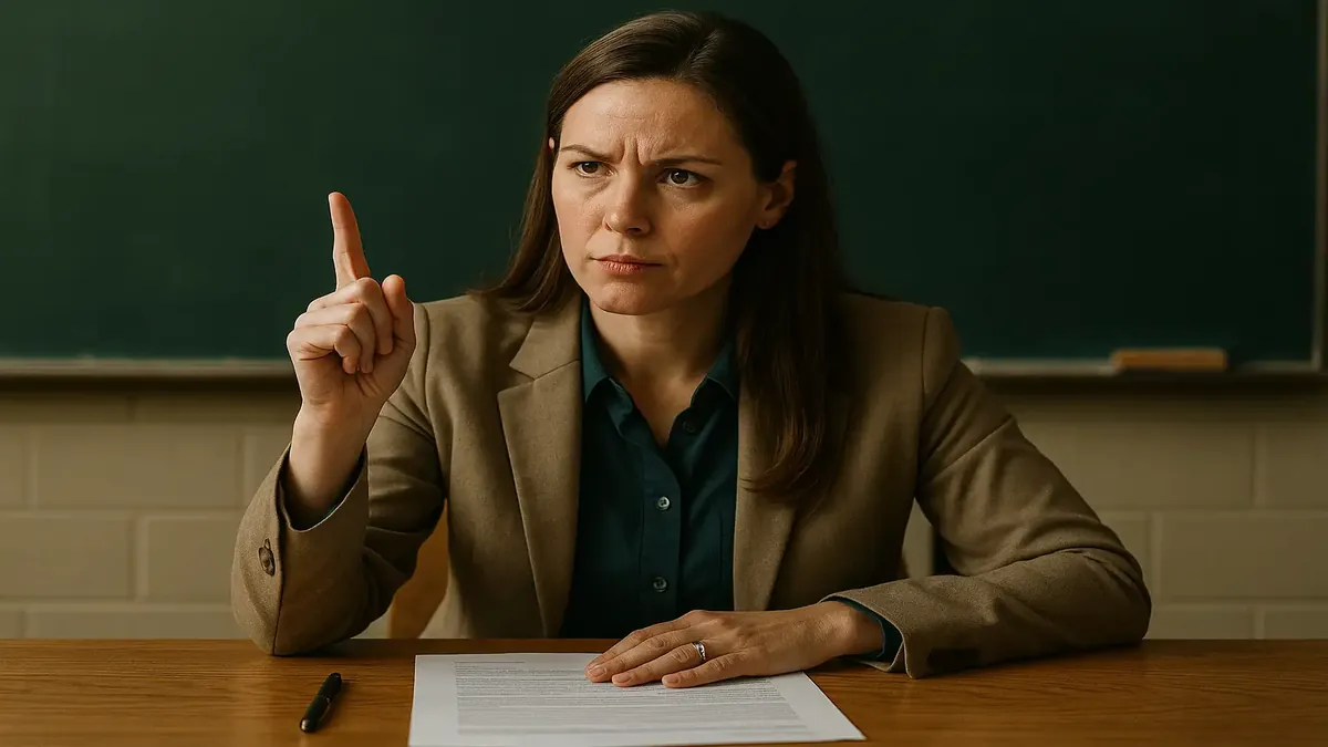 Teacher navigating school policy in a classroom setting, emphasizing agency and school procedures.