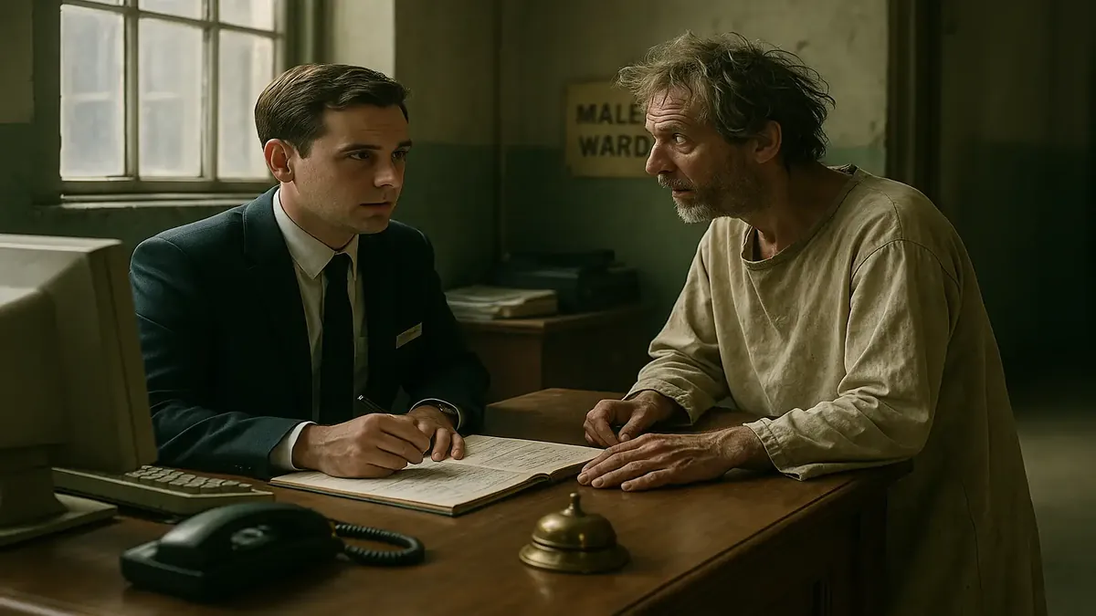 Front desk at a hotel with a perplexed receptionist and a guest holding confusing booking instructions.