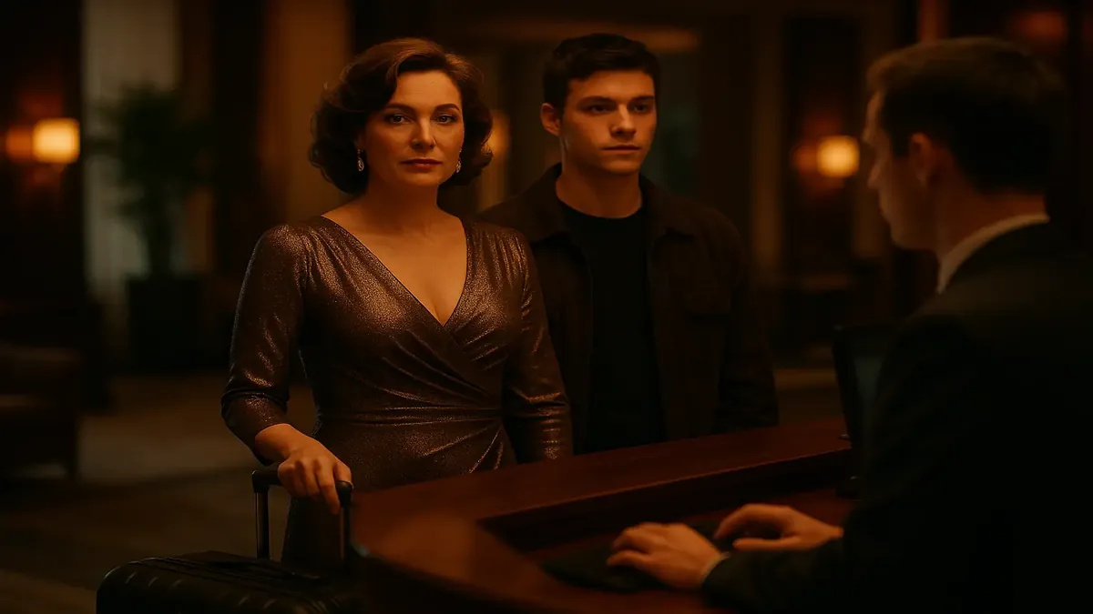 Front desk staff playfully guessing guests' relationships in a cinematic hotel setting.