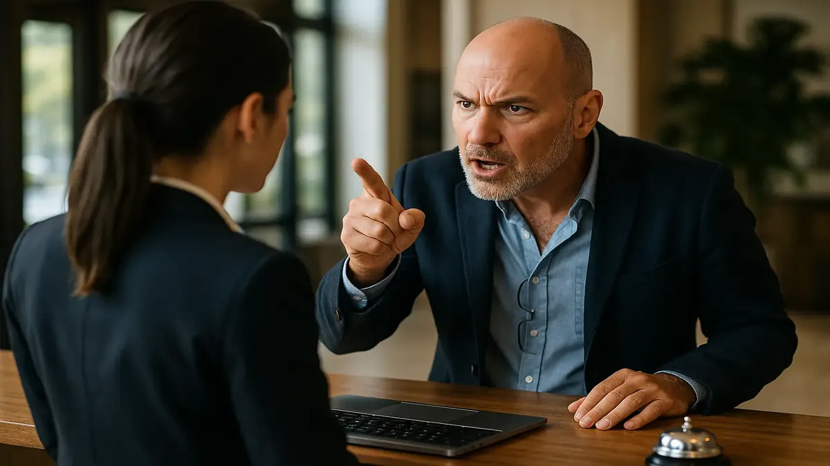 Mr. Worldwide negotiating hotel points with a luxury resort backdrop, emphasizing loyalty rewards and travel perks.