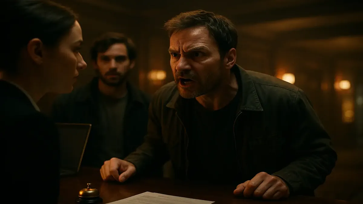 Guests at a hotel desk, showcasing the confusion and tension of an unexpected booking situation.