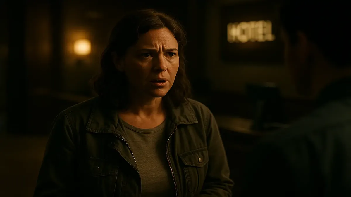 Woman negotiating for a hotel discount, highlighting the struggle for better prices in a cinematic setting.