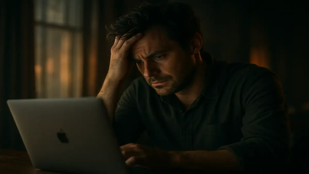 Cinematic image of a frustrated user struggling with remote work technology, symbolizing common device issues.