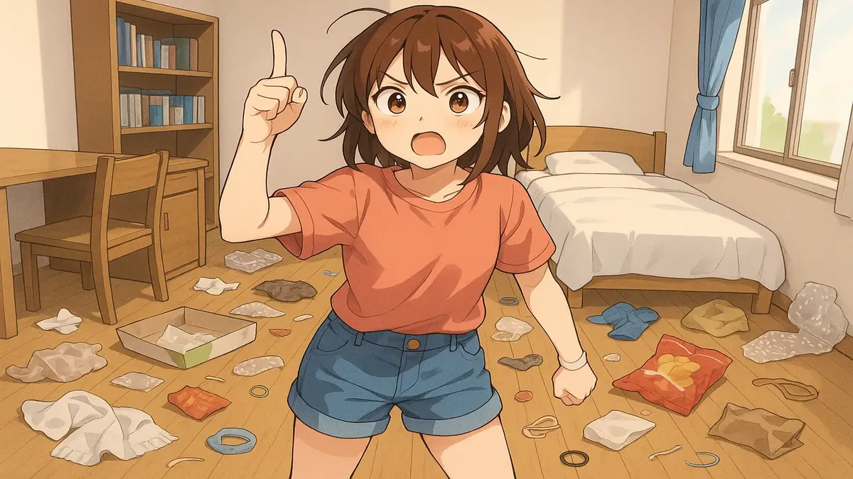 Anime illustration of a tidy room with a clear floor, contrasting a messy old room filled with clutter.