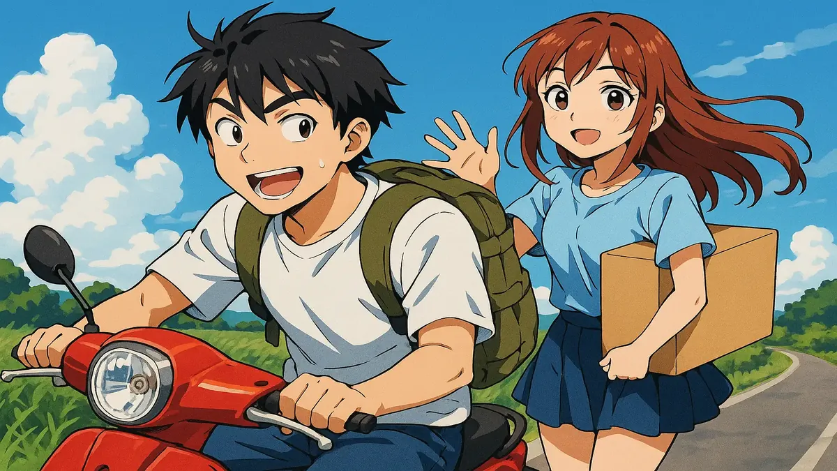 Anime illustration of a rural small town with a friendly delivery character, embodying community spirit.