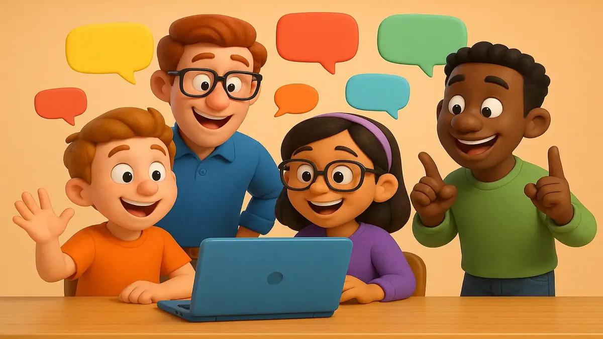 Cartoon-3D illustration of a lively discussion space for sharing front desk tales and questions.