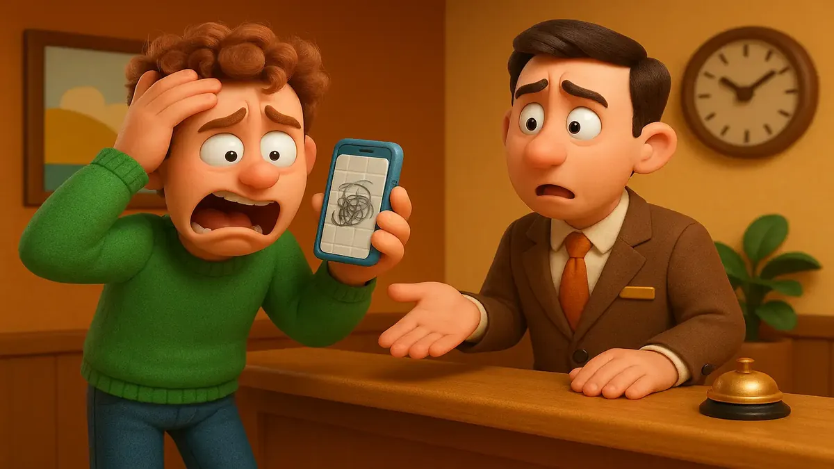 Cartoon 3D illustration of a guest complaining about body hair in a shower drain at a hotel.