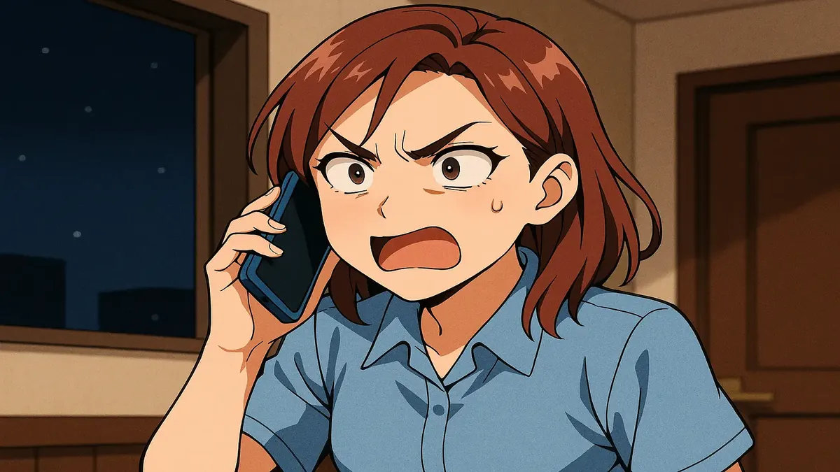 Anime-style image depicting a frustrated hotel staff member receiving a late-night call about lost items.