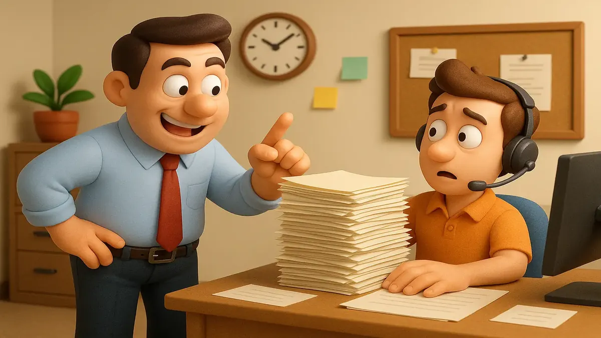 Cartoon-3D illustration of a call center employee documenting everything at work, inspired by a manager's advice.