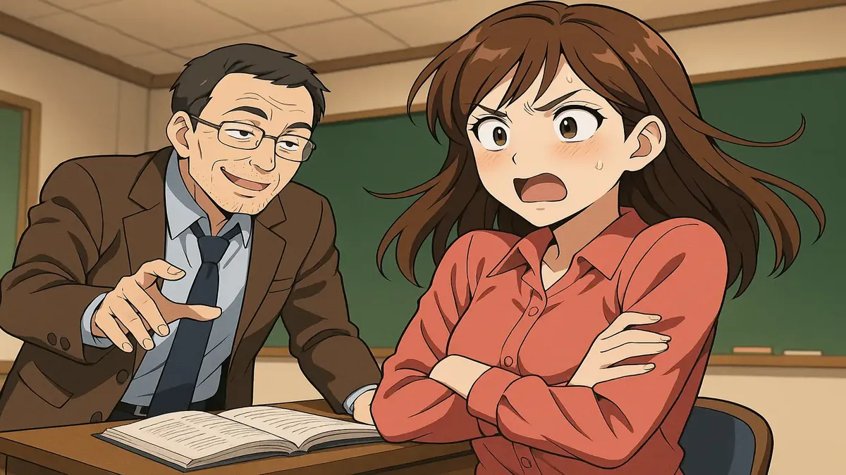Anime illustration depicting a young woman confronting a predatory professor in a classroom setting.