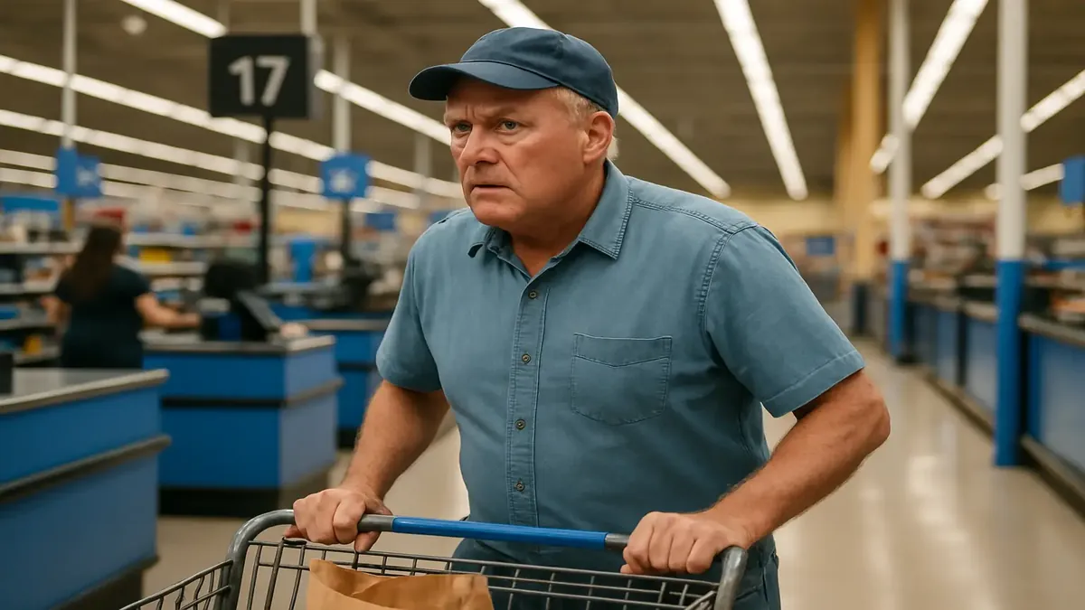 A busy Walmart checkout area with shoppers waiting in line, capturing the hustle and bustle of grocery shopping.