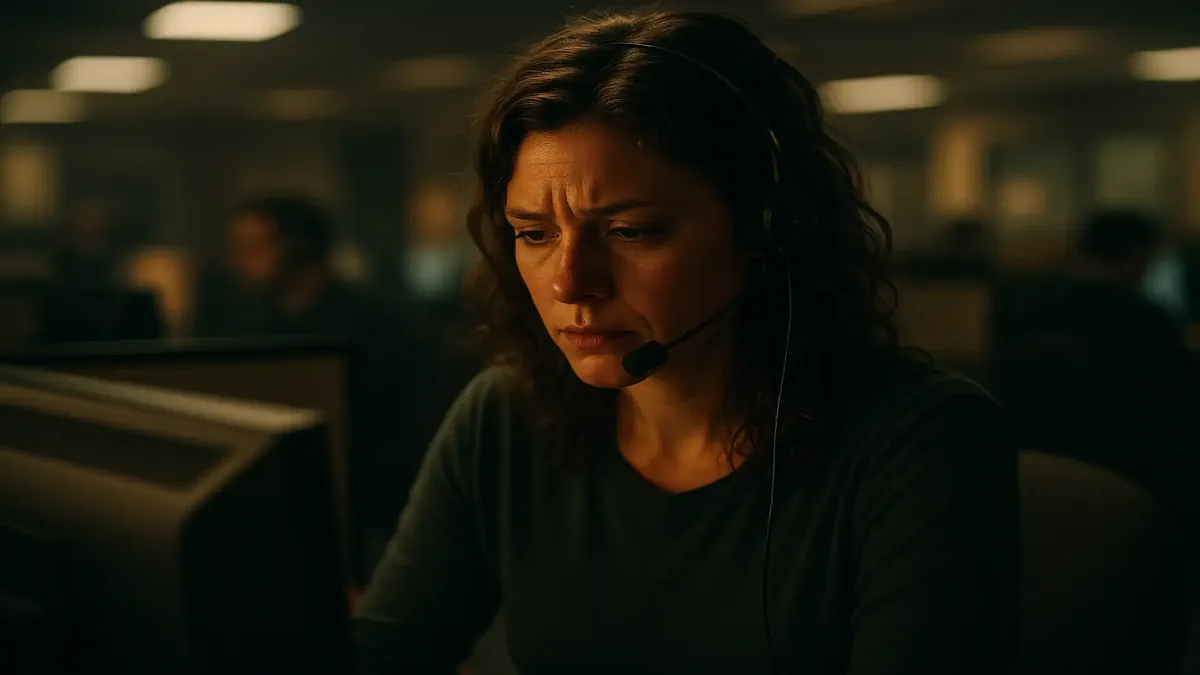 Call center employee assisting customers about home warranty services in a cinematic setting.