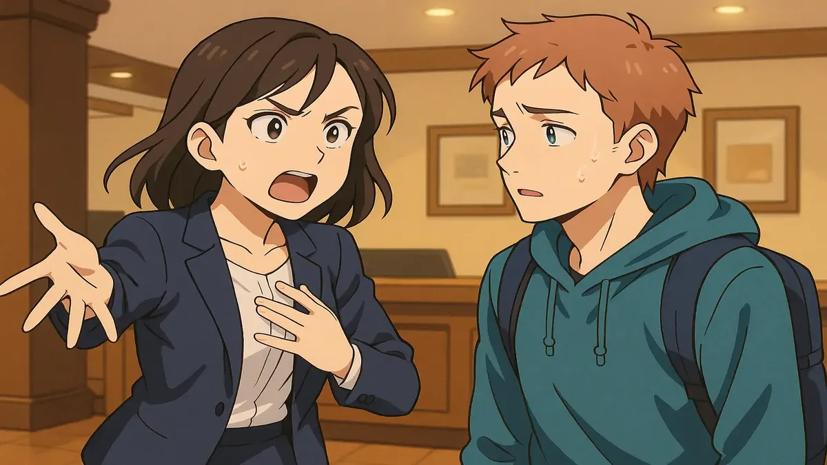 Anime illustration of a tired night auditor struggling with language in a bustling hotel environment.