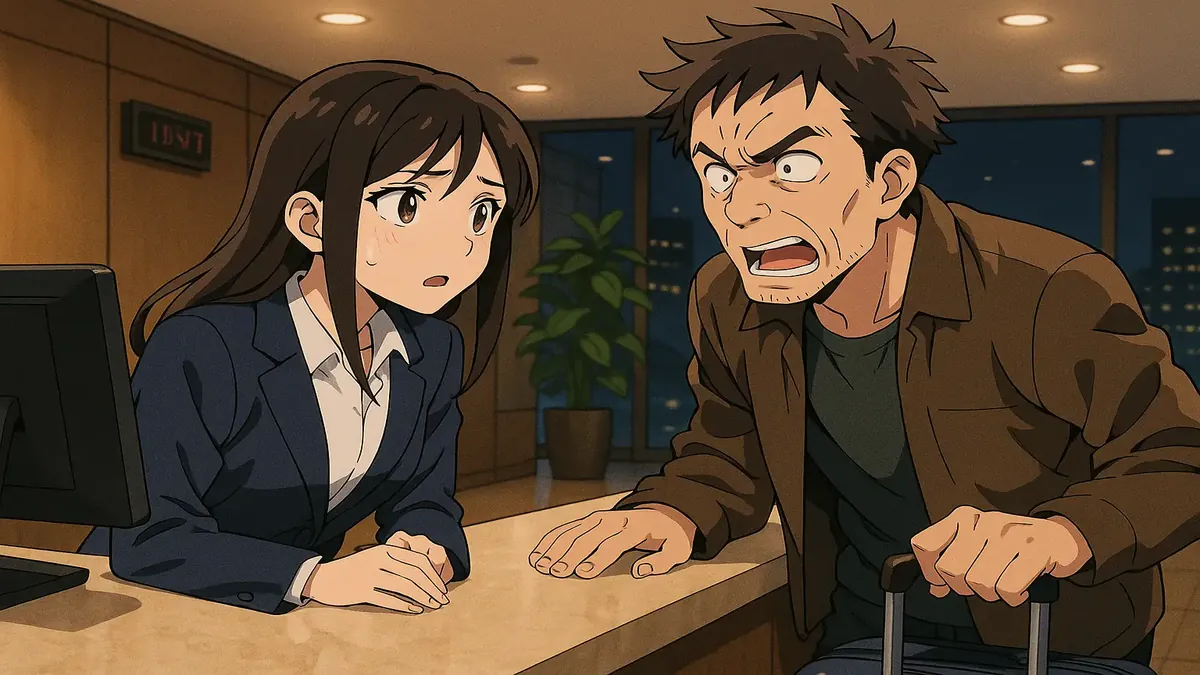 Anime-style illustration of a night auditor at a hotel reception desk, surrounded by guests and paperwork.