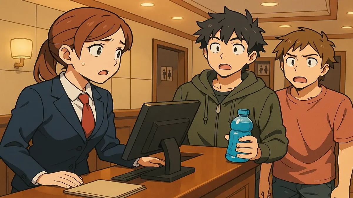 Anime-style illustration depicting a hotel front desk during a maintenance incident with guests waiting.