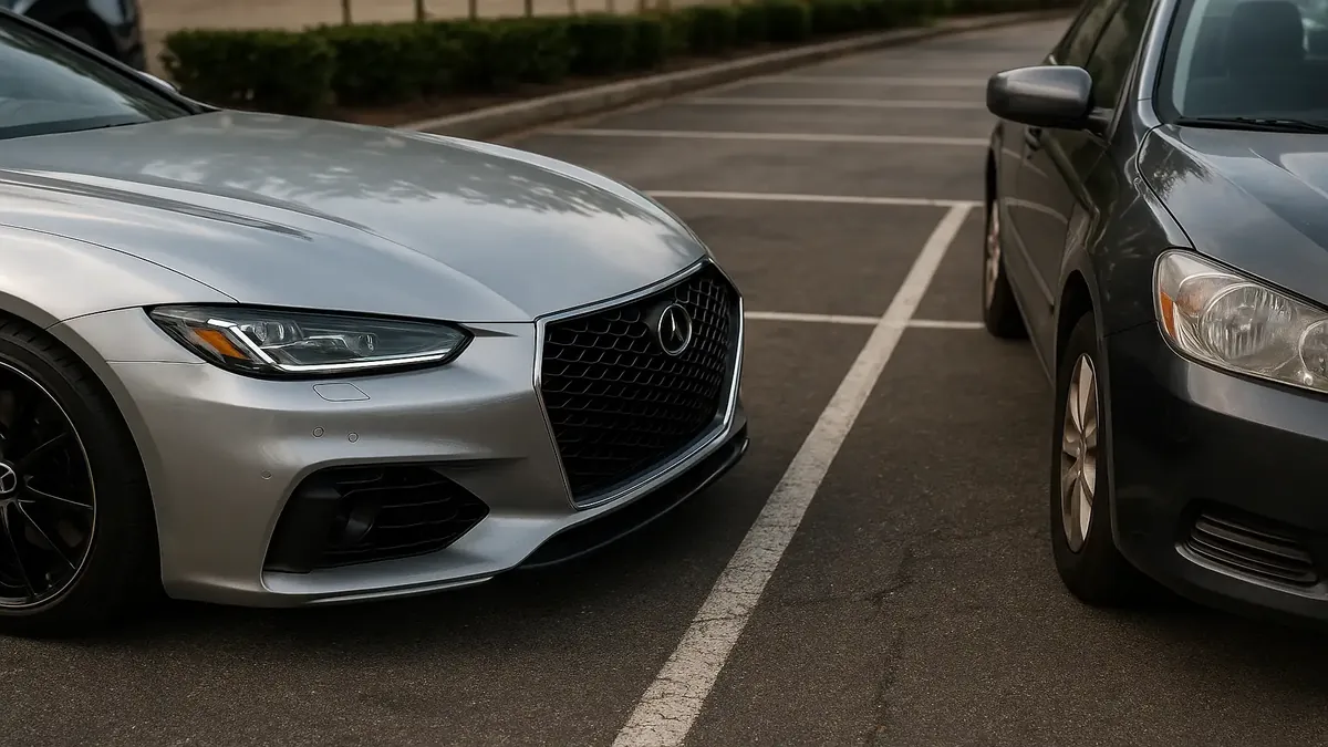 Expensive car parked too close in a crowded lot, highlighting parking challenges in busy areas.