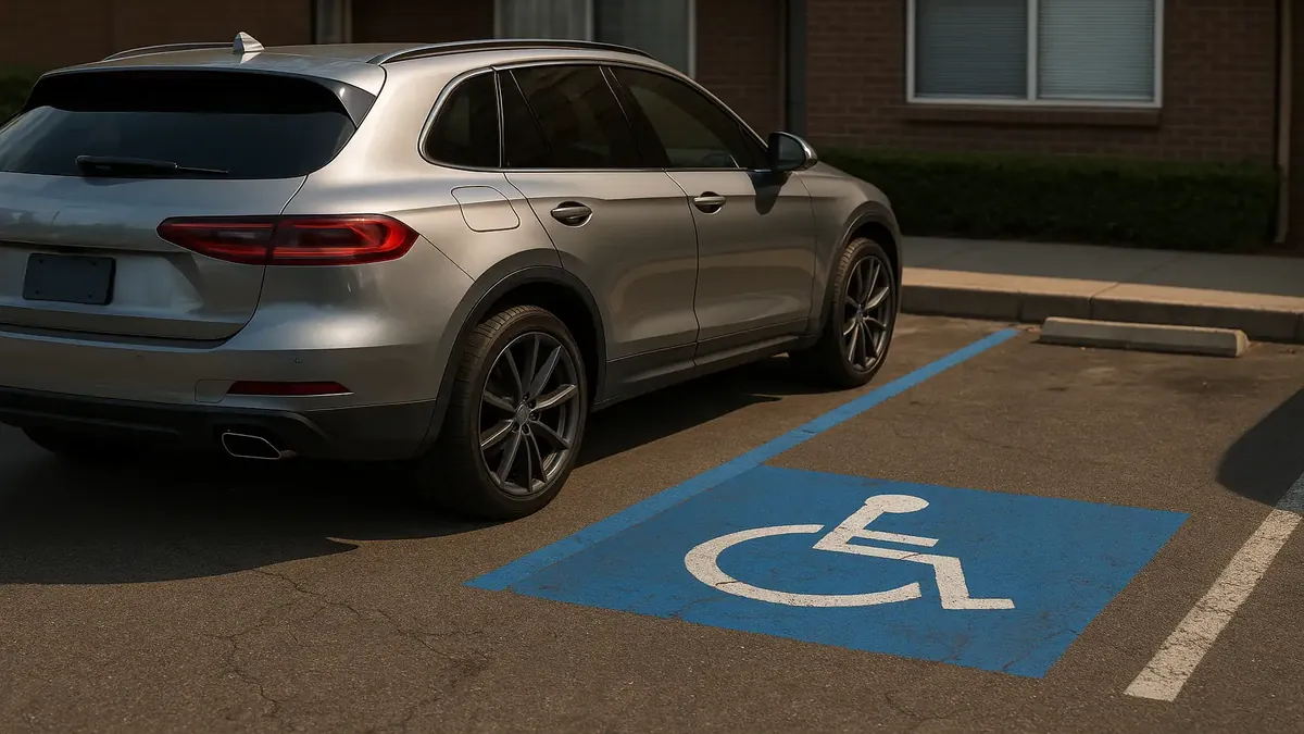 Expensive vehicle blocking a handicap parking spot, emphasizing accessibility issues and frustration.