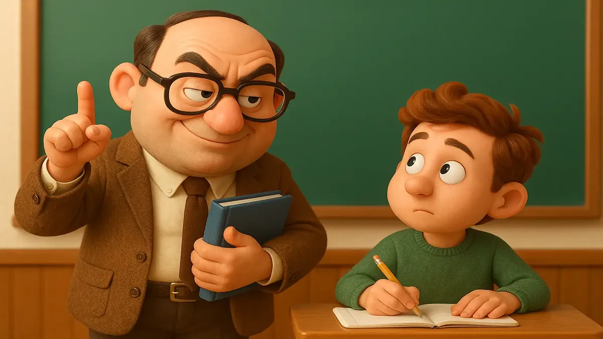 Cartoon 3D illustration of a professor making bold claims in a classroom setting, students reacting skeptically.