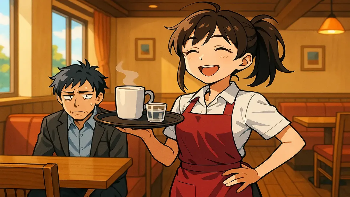 Anime illustration of a cheerful service worker spreading happiness to customers in a vibrant setting.