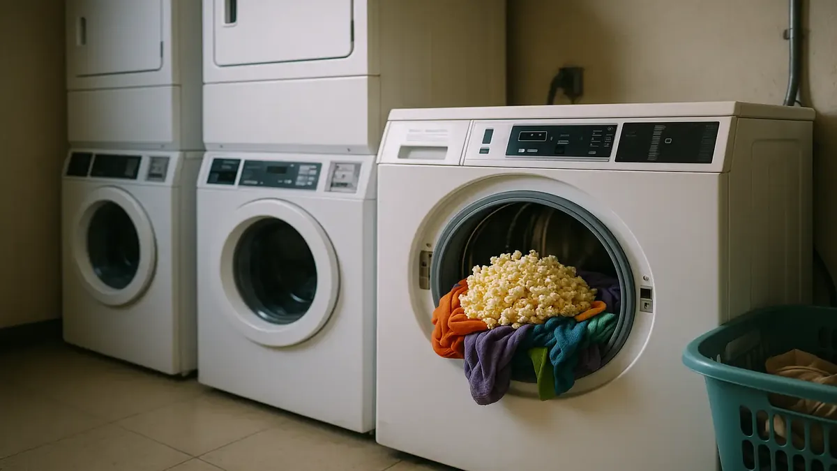 Dorm laundry chaos with overflowing machines and clothes scattered on the floor, showcasing the struggle of college life.