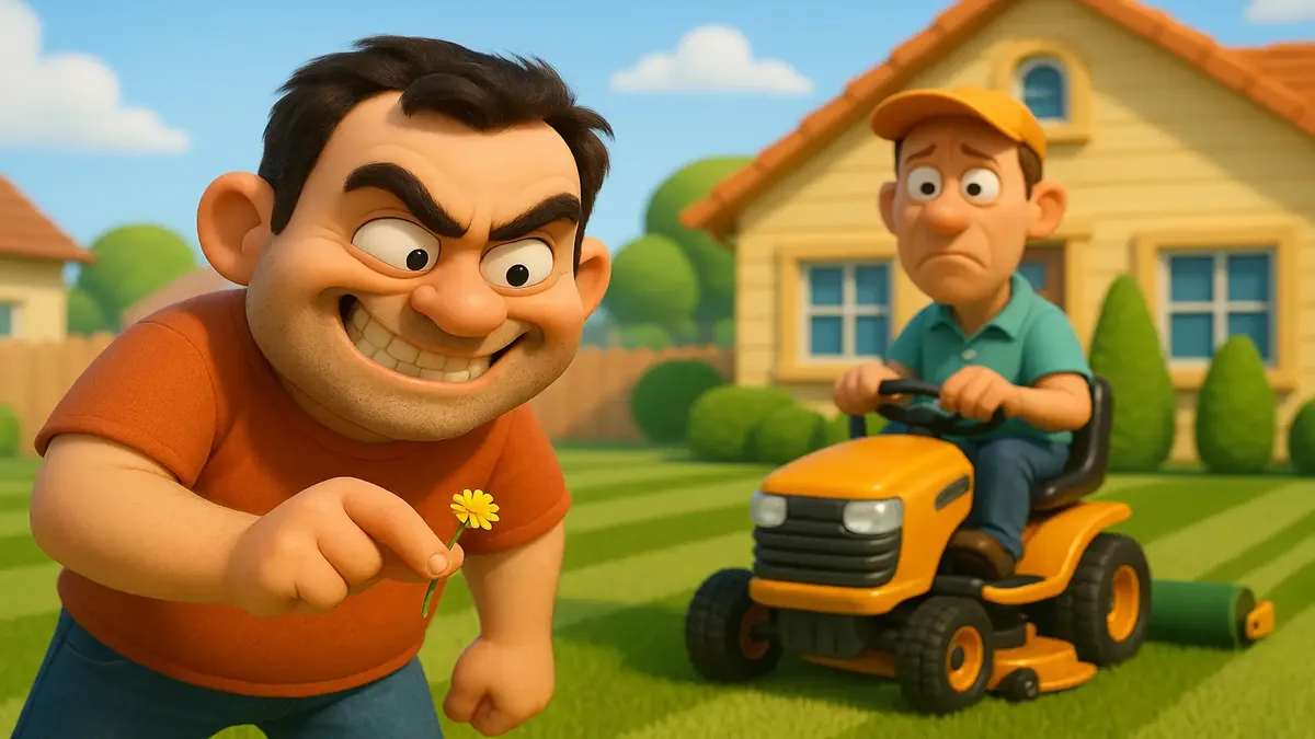 Cartoon-3D depiction of a neighbor obsessively manicuring a perfectly striped lawn, showcasing yard rivalry.