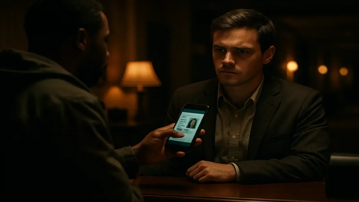 Guest showing a low-quality screenshot of an ID during hotel check-in at night.