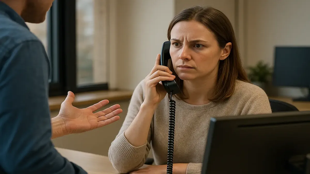 Customer service representative calmly handling a challenging call, emphasizing conflict resolution skills.