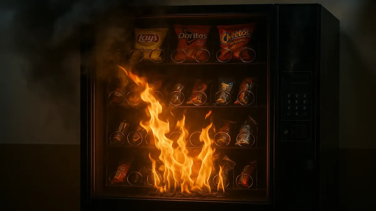 Vending machine with smoke and snacks, illustrating the phrase 