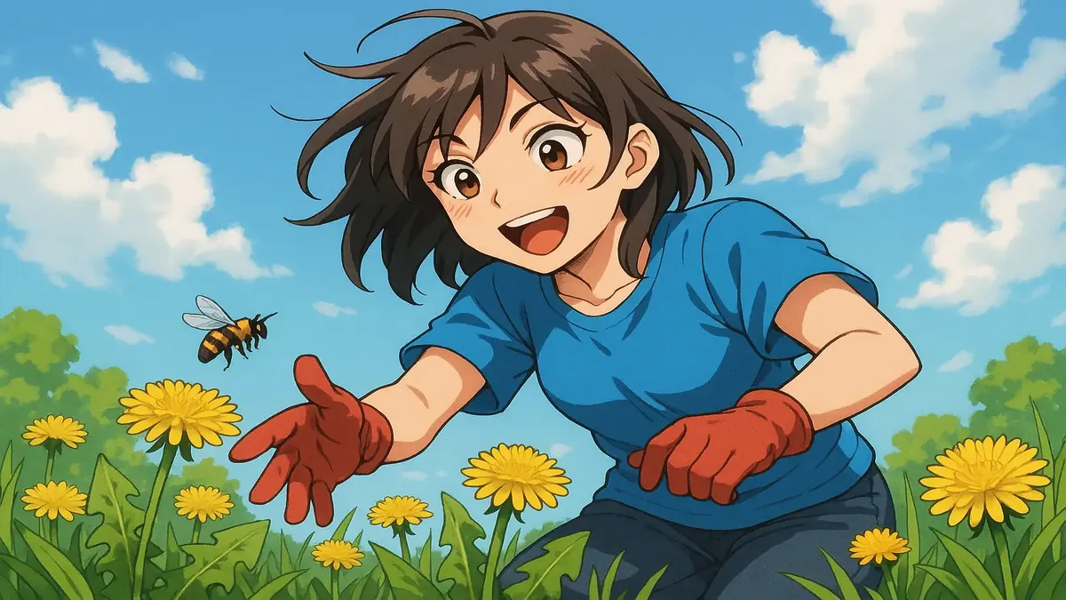 Anime illustration of a cheerful bee surrounded by vibrant dandelions in a sunny garden setting.
