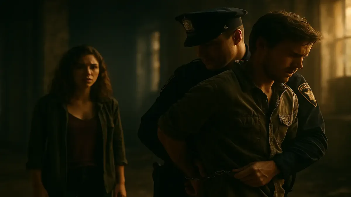 Two guests on an adventurous outing, one being arrested, showcasing a dramatic cinematic moment.