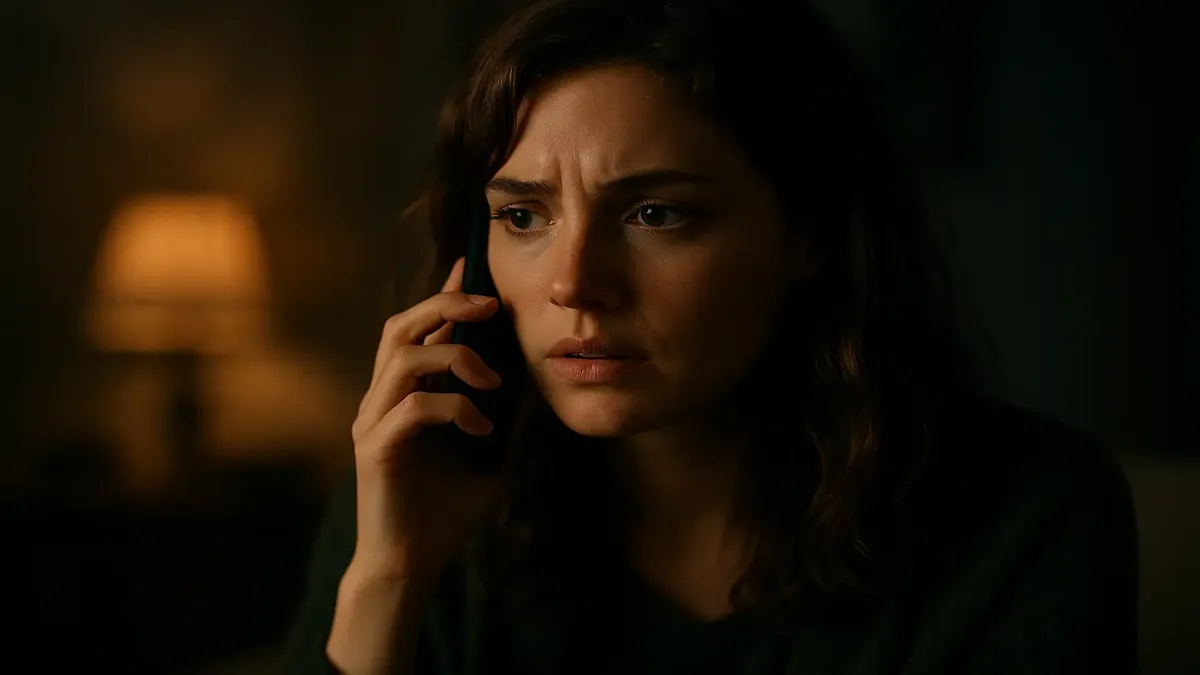 Cinematic image of a surprised woman on a phone, discovering her ex-fiance is using her employee discount.